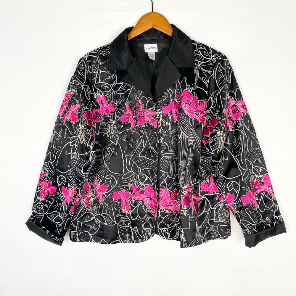 Chico's Vintage Silk Floral Embroidered‎ Elegant Black Jackets Pink Size 3